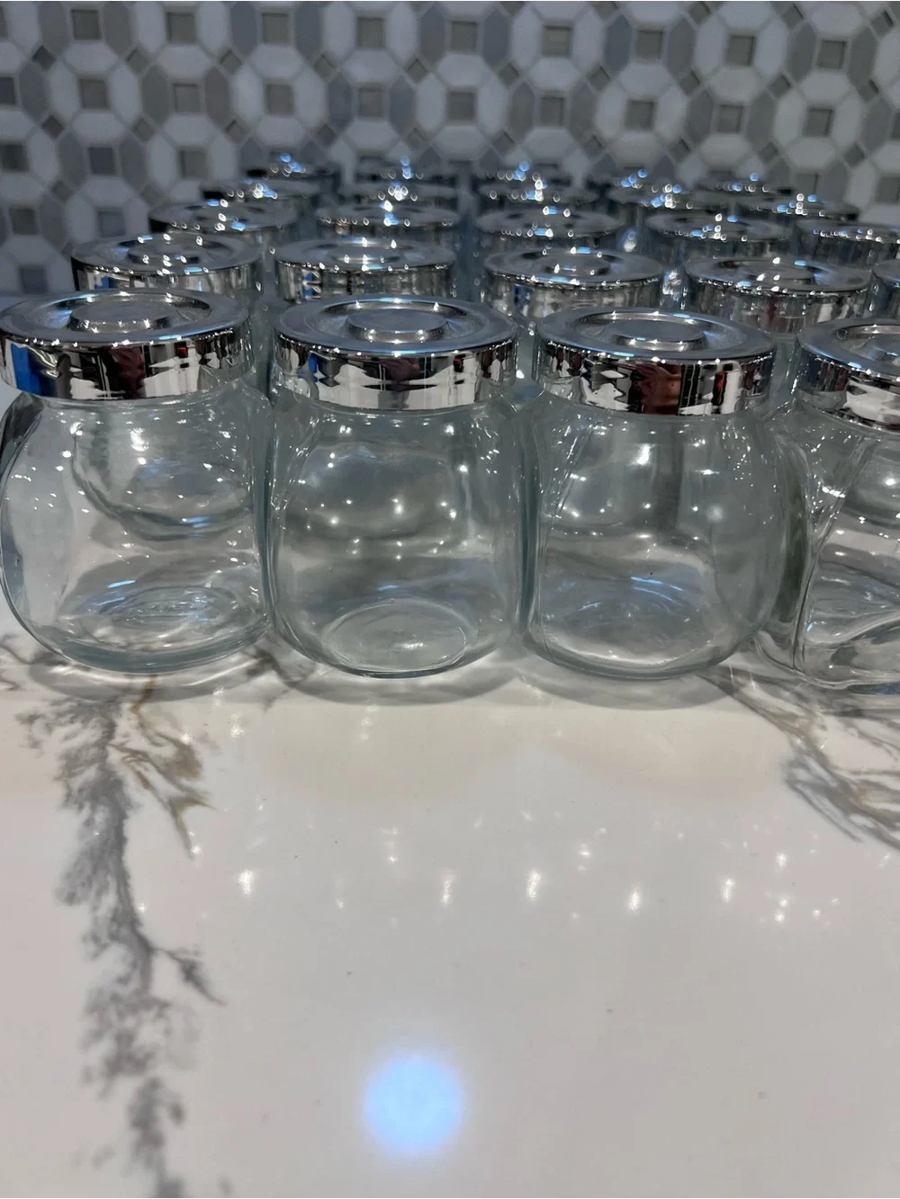IKEA Rajtan Spice Jars Set of 25 Clear Glass Silver Tone Lids 5 oz